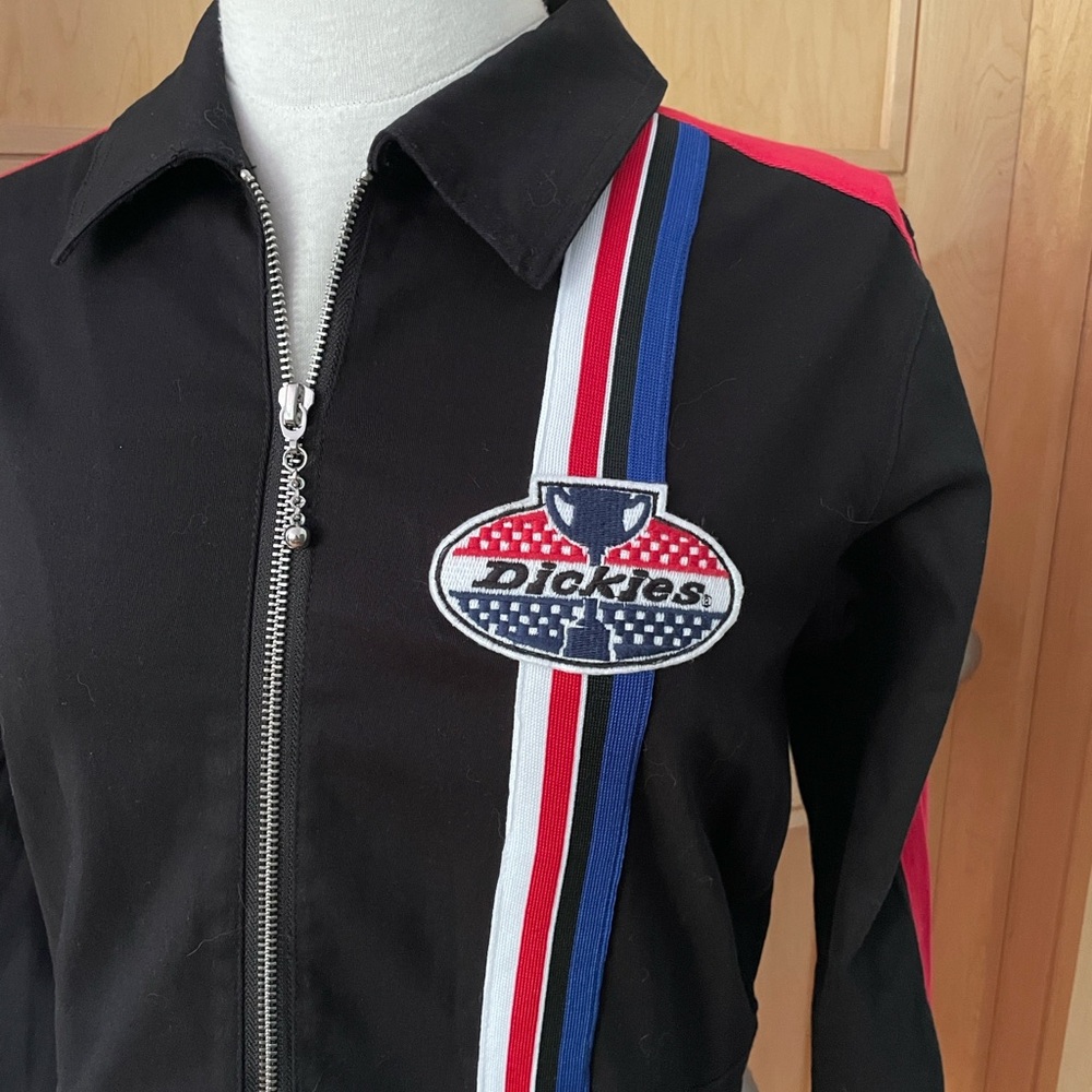 DICKIES NWT Women’s Black Cropped Jacket with Blue, White, Red Stripes, Size M